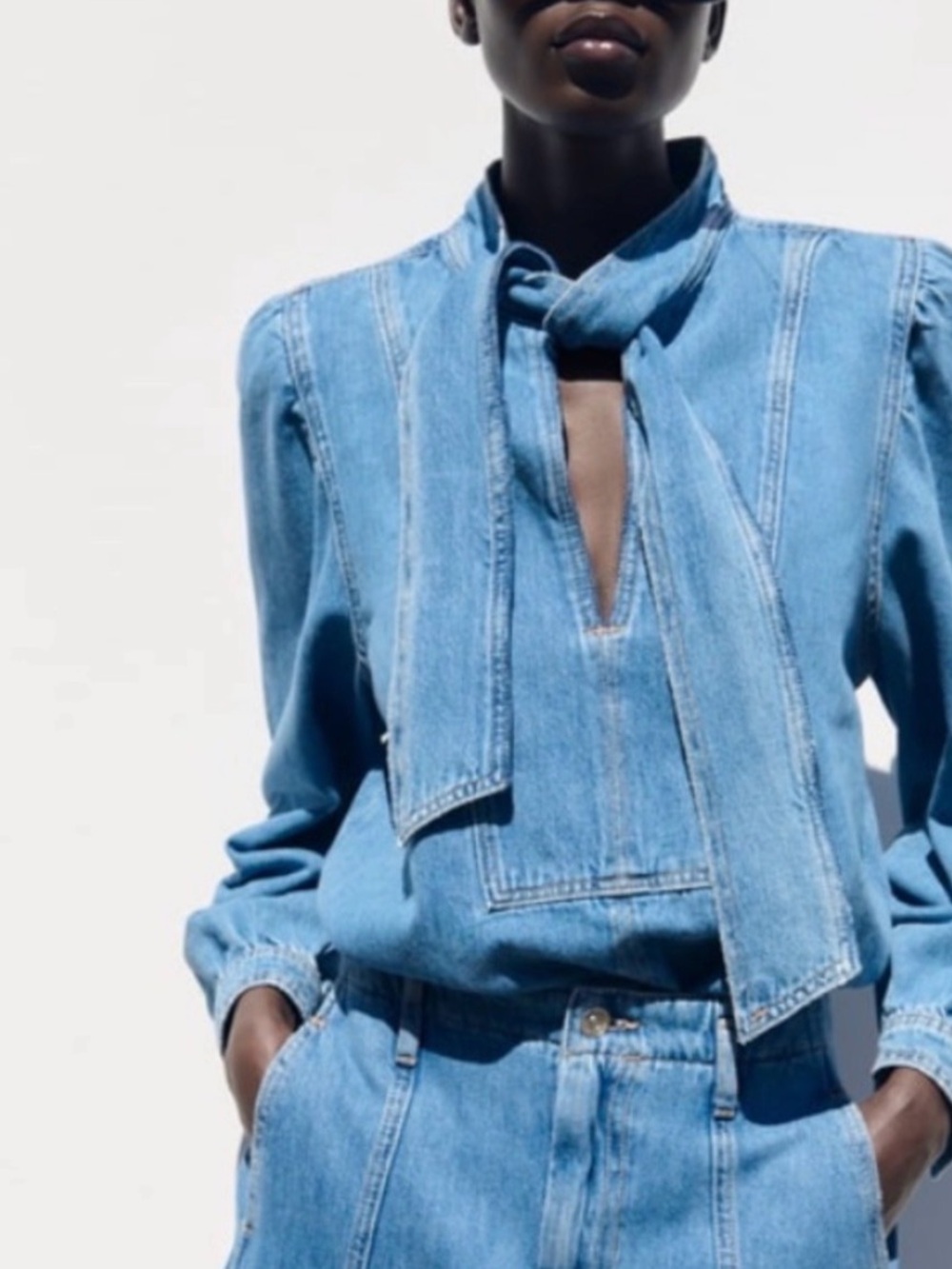 Zara tied denim blouse NWT